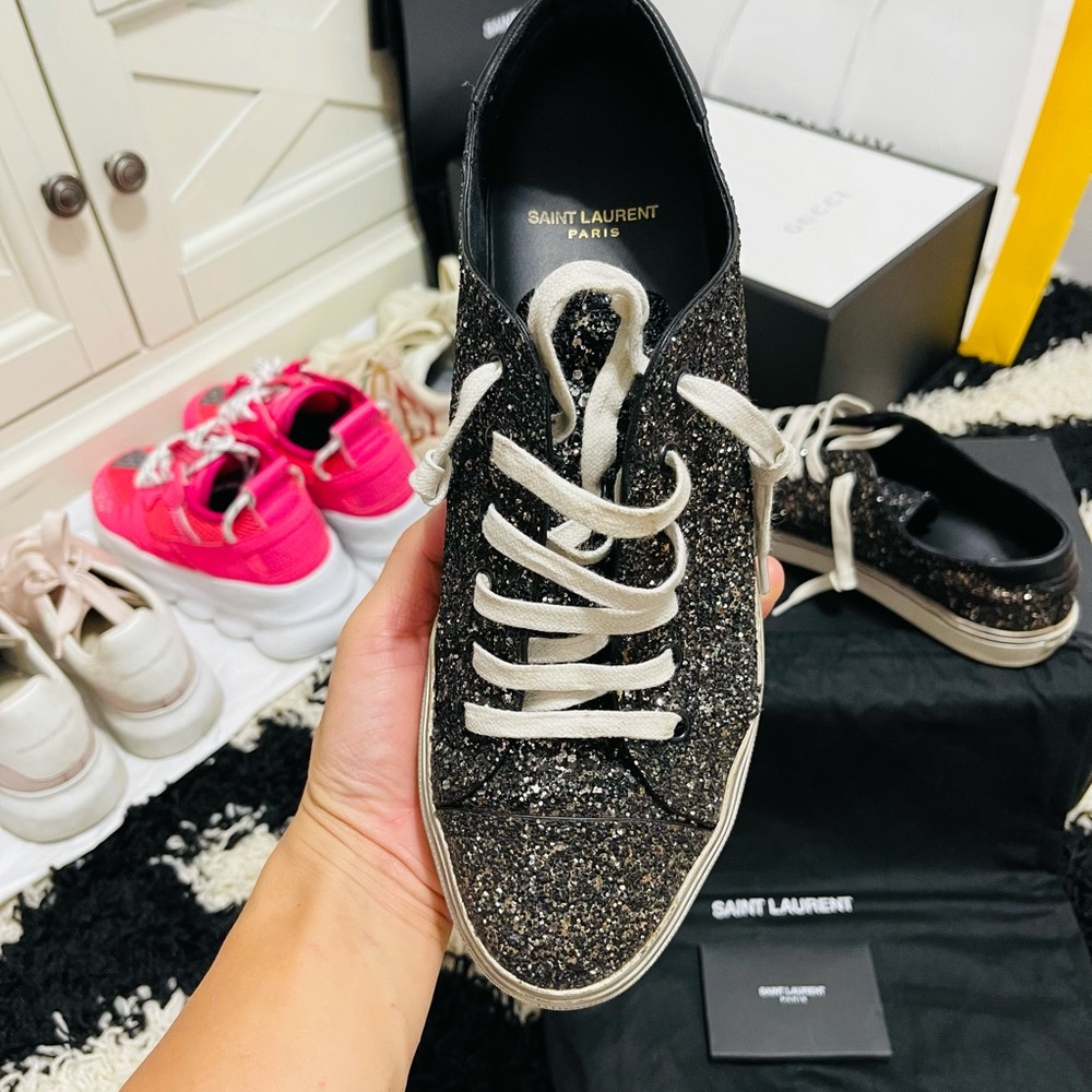 Limited Men’s Size 8 Saint Laurent Glittery Black Dirty Sneakers In Black/White - Picture 6 of 13